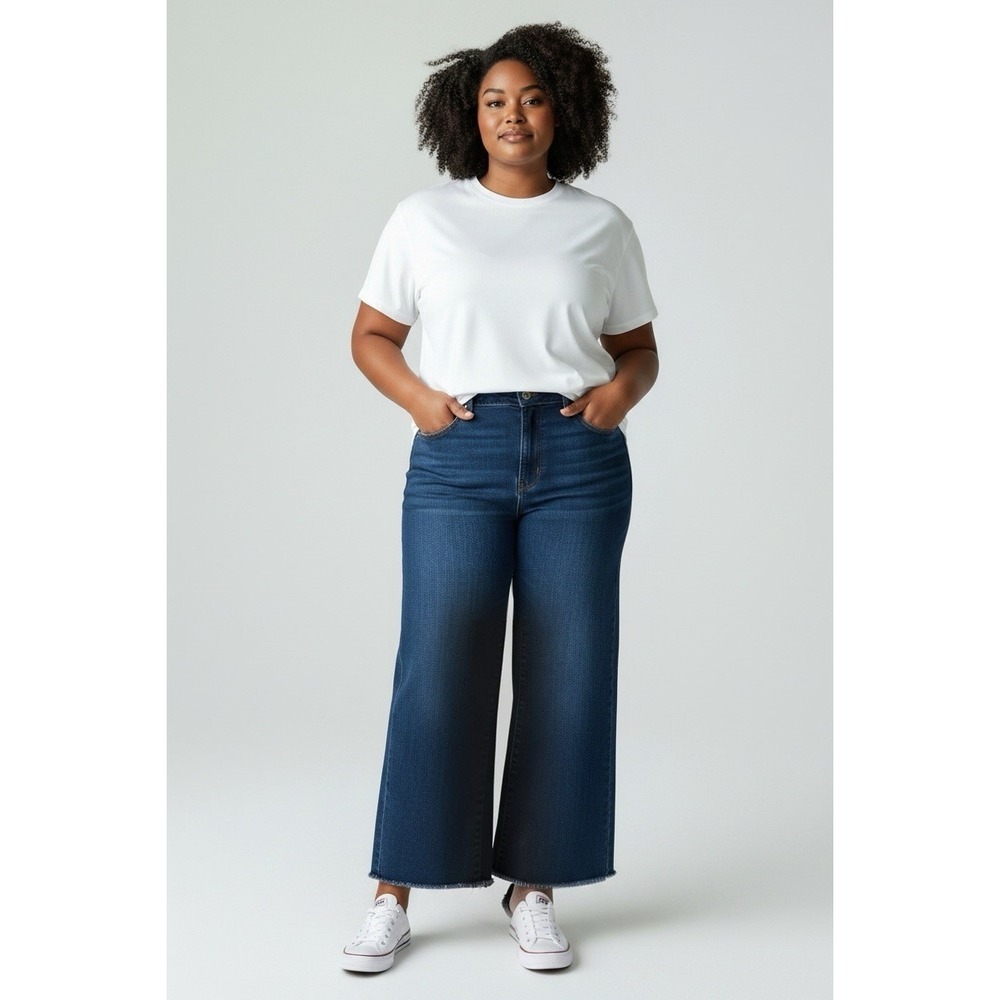 Judy Blue Women's 9/29 Wide Leg Jeans Dark Wash Stretch Raw Hem High Rise